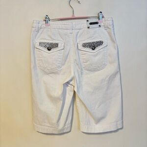Lux Nation Y2K Embellished Rhinestone Bermuda Midi Shorts White Womens Size 10